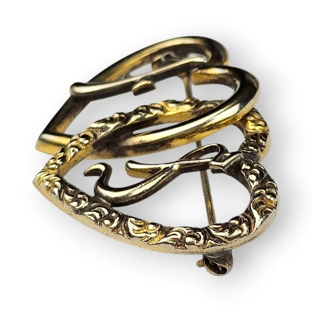 Vintage Sweetheart Brooch F S Initial Entwined Hearts Gold Plated 1940s 1.5